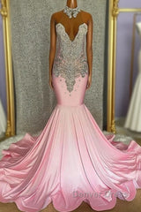 Pink High Neck Mermaid Beading Satin Prom Dresses