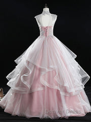 Pink high neck tulle lace long prom Dresses, pink sweet 16 Dresses