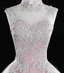 Pink High Neck Tulle Lace Long Prom Dresses, Pink Sweet 16 Gown