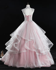 Pink High Neck Tulle Lace Long Prom Dresses, Pink Sweet 16 Gown
