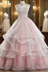 Pink High Neck Tulle Lace Long Prom Dresses, Pink Sweet 16 Gown
