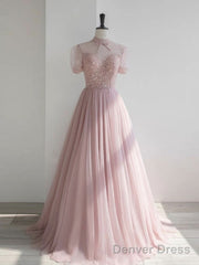 Pink High Neck Tulle Sequin Long Prom Dress, Pink A Line Evening Dress