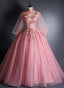Pink High Neckline Floral Lace Puffy Sleeves Sweet 16 Dress, Pink Tulle Formal Dress