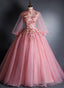 Pink High Neckline Floral Lace Puffy Sleeves Sweet 16 Dress, Pink Tulle Prom Dresses
