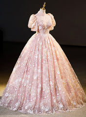 Pink High Neckline Short Sleeves Lace Floral Long Party Dresses, Pink Sweet 16 Dresses