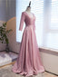 Pink Illusion V Neck Beading Short Sleeve Prom Dresses