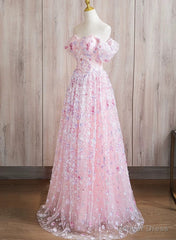Pink Lace A-line Sweetheart Off Shoulder Simple Prom Dress, Pink Lace Formal Dress