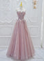 Pink Lace and Tulle A Line Prom Dress with Flowers, Pink Tulle Prom Dresses