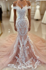 Pink Lace Applique Cap Or Long Sleeves Fishtail/Mermaid Wedding Dresses With Train, Prom Gown