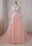 Pink Lace Applique V Neckline Long Prom Dresses, Long Sleeves Fashionable Prom Gowns