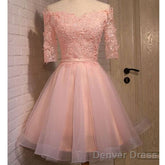 Pink Lace Appliques Organza Lace Up Back Off Shoulder Half Sleeve Homecoming Dress
