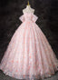 Pink Lace Cute Ball Gowns Off Shoulder Sweet 16 Dress, Pink Tulle Prom Dresses