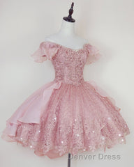 Pink Lace Homecoming Gown with Beading,Princess Off the Shoulder Hoco Dresses