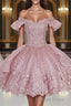 Pink Lace Homecoming Gowns with Beading,Princess Off the Shoulder Hoco Dresses