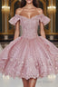 Pink Lace Homecoming Gown with Beading,Princess Off the Shoulder Hoco Dresses