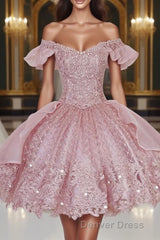 Pink Lace Homecoming Gown with Beading,Princess Off the Shoulder Hoco Dresses