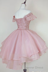 Pink Lace Homecoming Gown with Beading,Princess Off the Shoulder Hoco Dresses