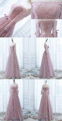 Pink Lace Off Shoulder Sleeves Long Party Dress, Lace Wedding Party Dress