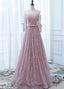 Pink Lace Off Shoulder Sleeves Long Prom Dress, Lace Wedding Prom Dresses