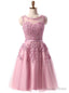 Pink Lace Short Beaded Homecoming Dresses