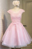 Pink Lace Short Tulle Homecoming Dress Prom Dresses With Cap Sleeves