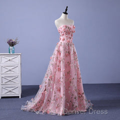 Pink Long A-Line Flowers Evening Dresses, Pink Party Dresses Prom Dresses