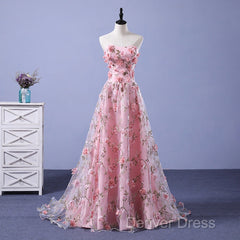 Pink Long A-Line Flowers Evening Dresses, Pink Party Dresses Prom Dresses