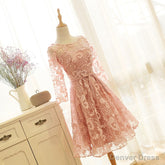 Pink Long Sleeves Lace Wedding Party Dress, Charming Party Dress