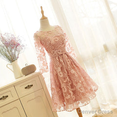 Pink Long Sleeves Lace Wedding Party Dress, Charming Party Dress