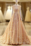 Pink Long Unique Round Neck Tulle Lace Applique Prom Dresses