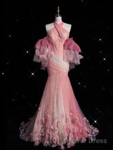 Pink Mermaid Halter Neck Tulle Long Prom Dress Sweet 16 Dress