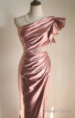 Pink Mermaid One Shoulder Satin Beaded Sequin Long Prom Dress Bridal Dress