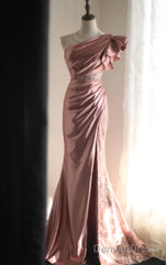 Pink Mermaid One Shoulder Satin Beaded Sequin Long Prom Dress Bridal Dress