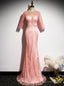 Pink Mermaid Short Sleeve Beading Prom Dresses