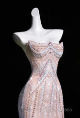 Pink Mermaid Strapless Tulle Diamond Long Prom Dresses Sweet Wedding Dresses Formal Dresses