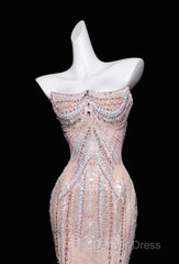 Pink Mermaid Strapless Tulle Diamond Long Prom Dresses Sweet Wedding Dresses Formal Dresses