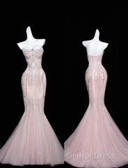 Pink Mermaid Strapless Tulle Diamond Long Prom Dresses Sweet Wedding Dresses Formal Dresses