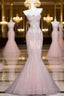 Pink Mermaid Strapless Tulle Diamond Long Prom Dress Sweet Wedding Dress Prom Dresses