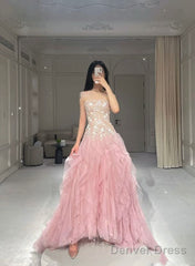 Pink Mermaid Strapless Tulle Sequined Long Prom Dress, Sweet Embroidered Applique Wedding Dress
