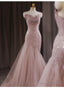 Pink Mermaid Strapless Tulle Sequined Long Prom Dress Sweet Wedding Dresses