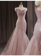 Pink Mermaid Strapless Tulle Sequined Long Prom Dress Sweet Wedding Dress