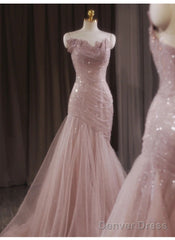 Pink Mermaid Strapless Tulle Sequined Long Prom Dress Sweet Wedding Dress