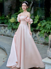Pink Off Shoulder A-line Satin Long Party Dress, Pink Prom Dress Evening Dress