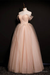 Pink Off Shoulder Beaded Tulle Long Party Dresses, Pink A-line Formal Dresses Prom Dress