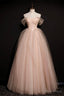 Pink Off Shoulder Beaded Tulle Long Prom Dress, Pink A Line Prom Dress