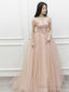 Pink Off Shoulder Long Prom Dress, Pink Tulle Formal Evening Dress