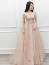 Pink Off Shoulder Long Prom Dress, Pink Tulle Formal Evening Dress