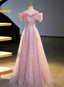 Pink Off Shoulder Shiny Tulle A Line Long Prom Dress, Pink Tulle Prom Dresses