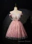 Pink Off Shoulder Shiny Tulle With Lace Prom Dress, Pink Homecoming Dress Prom Dresses