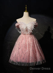 Pink Off Shoulder Shiny Tulle With Lace Party Dress, Pink Homecoming Dress Formal Dress